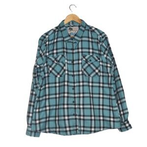 DIXXON Womens "Cancun" Flannel Shirt Teal Black White Plaid Long Sleeve XXL‎